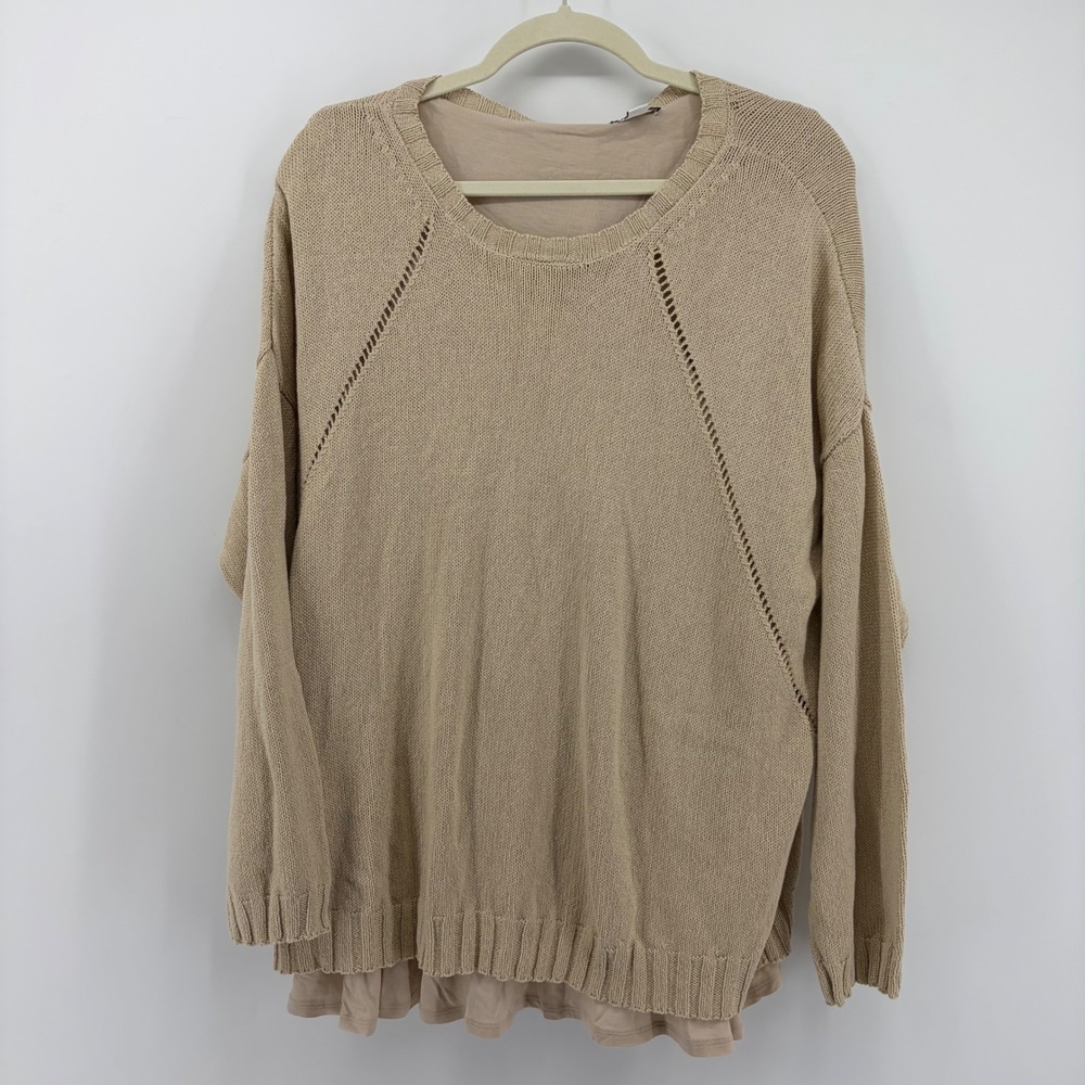 J. Jill Womens XL Tan Cotton Knit Layered‎ Sweater Back Tie Ruffle Hem Pointelle